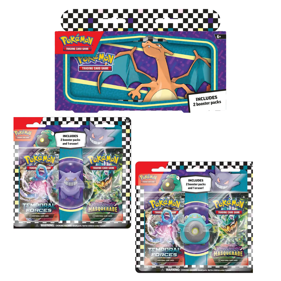 Pokémon TCG: Scarlet & Violet— Tripack 1 Pecil Case +  2 Eraser Blister (BTS 2024) (Inglés) ﻿